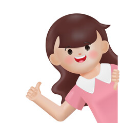3d Young woman peeking from behind wall and thumbs up pose. 3d rendering isolated character.