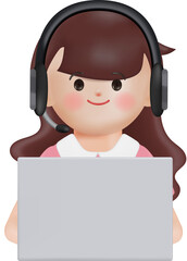 Woman with headphones and microphone working on laptop computer. Customer support website. Concept illustration for support, assistance, call center. 3D Cartoon minimal style rendering.