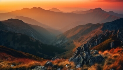 Majestic mountain range, tranquil meadow, peaceful sunrise generated by AI