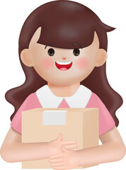 Woman customer received parcel box from delivery. 3d render cartoon vector design.