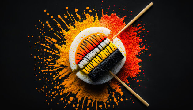 Captivating image of sushi roll as brush, artistically blending vibrant ingredients on minimalist canvas; evoking creativity & emotion with bold reds, oranges, yellows. Generative AI