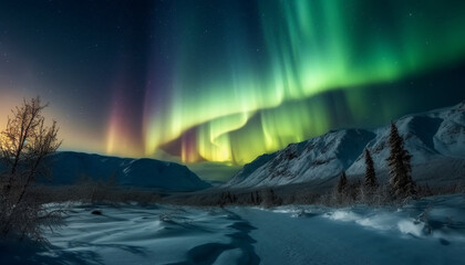 Fototapeta na wymiar Majestic mountain range illuminated by aurora polaris generated by AI