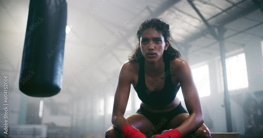 Poster Tired boxer sweating, fitness or girl thinking in gym for cardio workout or wellness relaxing on break. Woman ready for exercise training, breathing or exhausted healthy female sports athlete resting