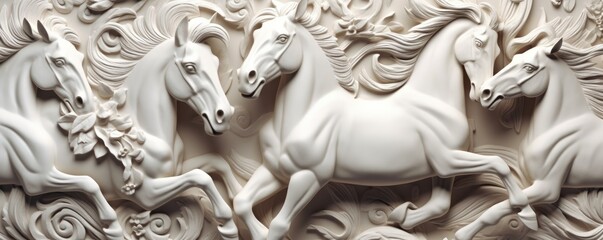  a Nature Horizontal background, running horses, carved and engraved in ivory. Liquid flow texture. Fluid art Nature-themed, photorealistic illustrations in JPG. Generative AI