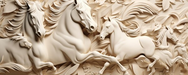  a Nature Horizontal background, running horses, carved and engraved in ivory. Liquid flow texture. Fluid art Nature-themed, photorealistic illustrations in JPG. Generative AI