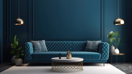 Luxury modern blue living room interior with geometric form patterned wall. Generative Ai