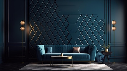 Luxury modern blue living room interior with geometric form patterned wall. Generative Ai