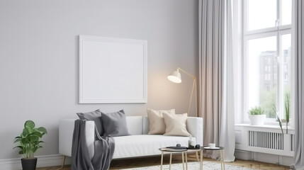 Fototapeta na wymiar Mockup frame in white cozy living room interior background, 3d render, Bright color. Generative Ai