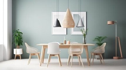 Poster mock up in modern dining room, Scandinavian style. Generative Ai