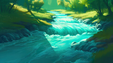 Mountain stream with water shimmering with rainbow colors. Generative Ai