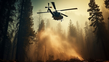 Helicopter hovering mid air, transporting firefighters to forest fire generated by AI