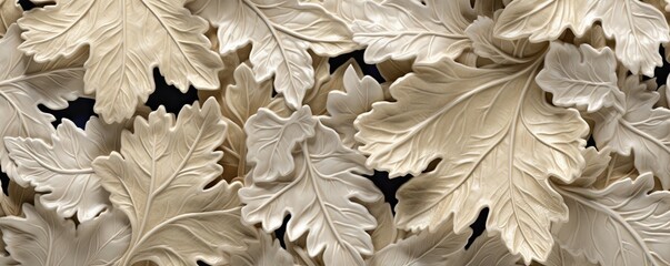 an Abstract Horizontal background, Oak leaves, carved engraved ivory. Liquid flow texture. Fluid art Abtract-themed, photorealistic illustrations in JPG. generative ai