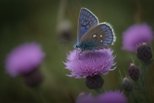 blue butterfly perched on a purple flower. Generative AI