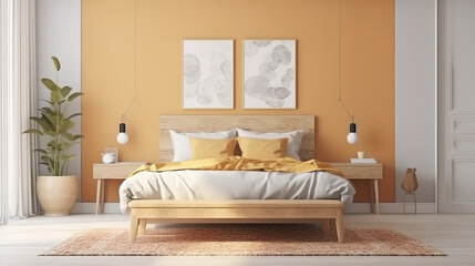 Bedroom interior with poster mockup, Scandinavian Bohemian style. Generative Ai