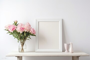 Mockup of a white wooden frame with a white table, a bunch of pink and white flowers in a ceramic vase, and a white wall background. a sparse interior. Copy space. Generative AI