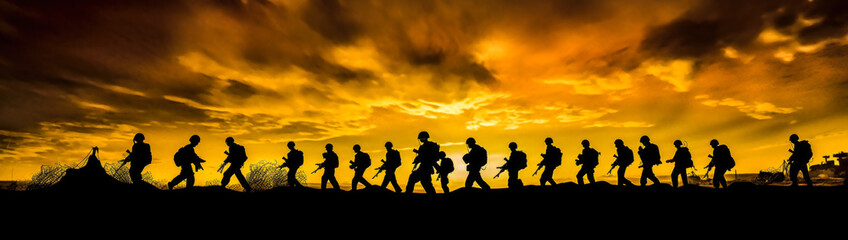Stunning and emotive image of silhouetted soldiers marching in an arid landscape, bathed in the warm hues of a dramatic sunset; showcases unity, discipline, and camaraderie. Generative AI