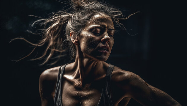 One beautiful woman, wet and muscular, exercising generated by AI