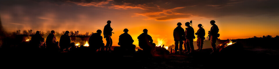 Fototapeta na wymiar Captivating image of soldiers silhouetted around a warm, glowing campfire under a twilight sky, depicting camaraderie and resilience - ideal for emotionally-charged military campaigns. Generative AI