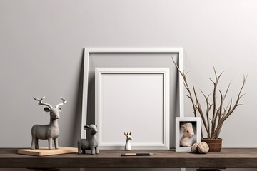 Mockup of an empty photo frame with a present box, a cow doll, a pine cone, and a plant on a wooden table. Concept for decorative art. Generative AI
