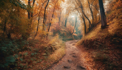 Obraz premium Tranquil autumn footpath, mystery in the forest generated by AI