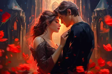 Fotobehang Gothic Couple in Love in Victorian Outfits, Nighttime Castle Setting with Red Roses, Displaying Romance, Flirtation and Affection - Dark Aesthetic and Relationship Theme © Karrrtinki