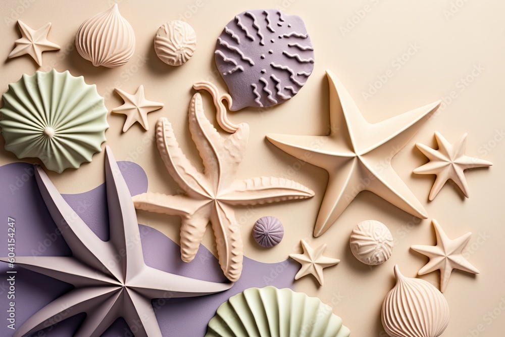 Poster various seashells and starfish arranged on a table. generative ai