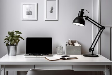 Modern desk with laptop, office supplies, houseplant, and lamp. text room for copying. Generative AI