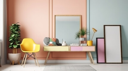 Creative composition of stylish scandi dining room interior with frame. Generative Ai
