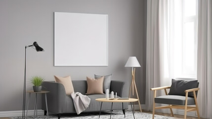 Mockup poster in living room, Scandinavian style, 3d render, Bright color. Generative Ai
