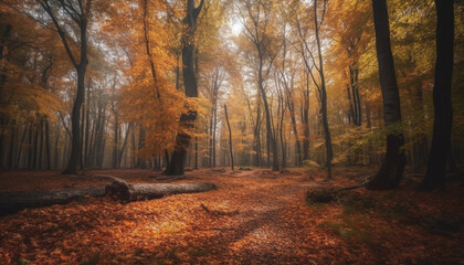 Tranquil autumn forest, vibrant colors, vanishing point generated by AI