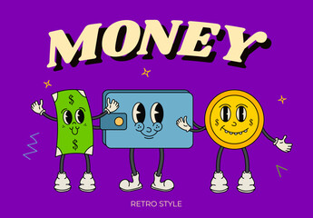 Money Cartoon character in 80s 90s. Trendy character set. Doodle funny style vector. Groovy style