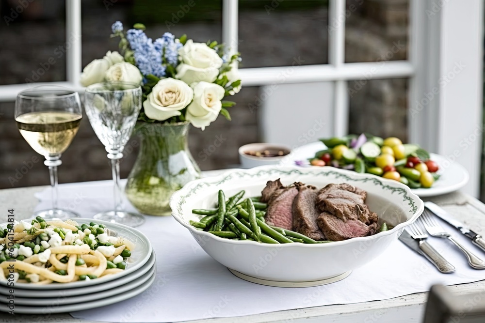 Poster festive dining table with an array of delicious food and drinks. generative ai