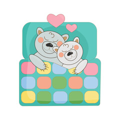 vector illustration two polar bears in love sleep under a patchwork quilt blanket in beds