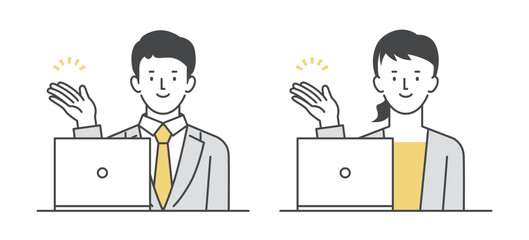 PCを使って紹介、案内、提案をする男女