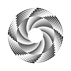Black halftone dots and wavy lines in spiral form. Geometric art. Design element for border frame, round logo, tattoo, sign, symbol, badge, emblem, social media, prints, template, pattern, backdrop