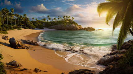 The beautiful exotic beach and the ocean with waves, generative ai