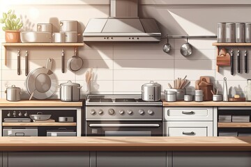 Mockup digital illustration of cooking and baking kitchen equipment. Generative AI