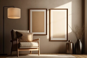mock up of blank frames with a beige and brown interior background and light shadows on the wall,. Generative AI