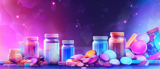 Medical banner Pile of various pills and containers on colored background pharmacology generative ai - obrazy, fototapety, plakaty