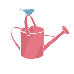 bird on the red watering can