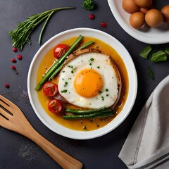 A perfectly fried egg with a golden yolk and crispy edges sits in the center of a white ceramic plate