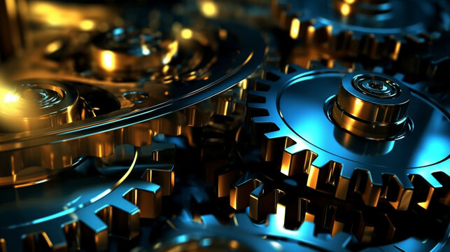 machine parts, gear wheels, cogs and ball bearings against steel, blue toning concept ai