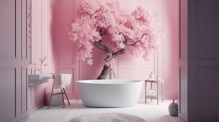 Modern bathroom interior with blossom tree, poster wall mock up. Generative Ai