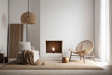 mock up of an empty wall in a Scandinavian room with a fireplace. Interior decor that is minimal. Generative AI