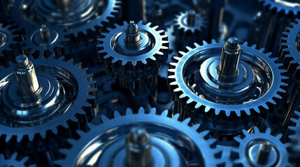 machine parts, gear wheels, cogs and ball bearings against steel, blue toning concept ai generative wallpaper 