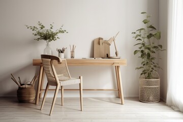 Mockup of a Nordic Wooden Work Desk with a Small Chair and Vacant Walls. Alongside the desk, there are ornamental items, white wooden floors, and a dry indoor plant. Generative AI
