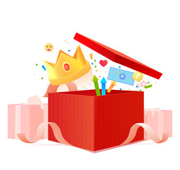 Red gift box with ribbon. Bonuses money with earn points for the loyalty program. Vector illustration. Birthday concept. Surprise present.