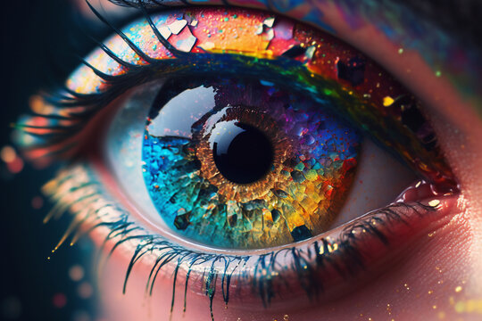  Close up view of female colorful eye with dried paint particles - bright multicolored fashion make-up