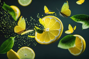 lemons with butterflies flying around them. Generative AI