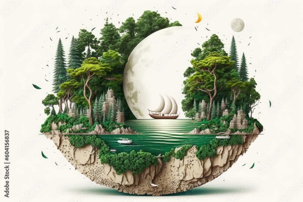 Poster boat in the center of a floating island. generative ai